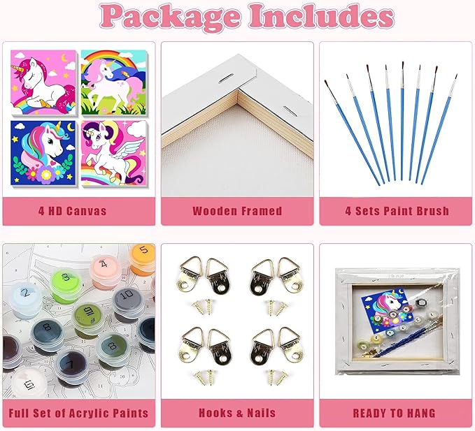 4 Pack Cartoon Paint by Number for Kids with Wooden Frame, Cartoon Paint by Numbers for Kids Ages 4-8-12, Easy Painting with Numbers DIY Acrylic Oil Painting Kits for Home Wall Decor (8X8 inch)