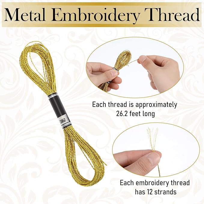 6 Skeins Metallic Embroidery Floss, Glitter Silver & Gold Embroidered Thread Set, Polyester Sewing Floss Cross Stitch Thread Friendship Bracelets Threads for Hand Embroidery, String Art