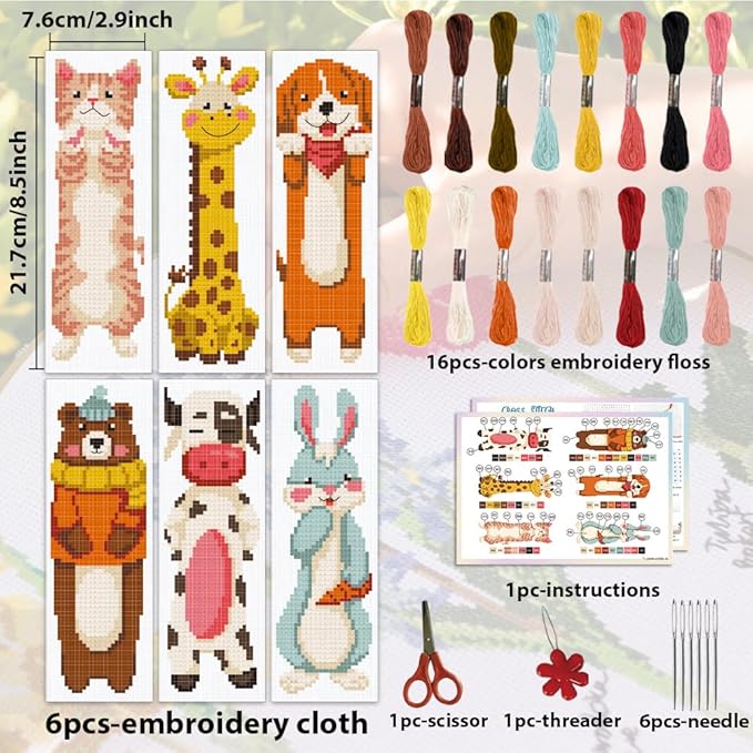 ACRNIGHEET 6PCS Cross Stitch Bookmark Kit for Beginner Cartoon Animals Stamped Cross Stitch Kits for Adults DIY Embroidery Bookmark Kits Crossstitch Kits Adult with Instructions Hand Craft Gift 11CT