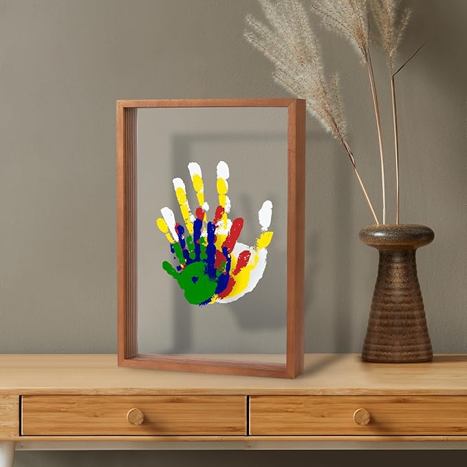 guanshiya family handprint kit - gifts for new parents, adoption gifts, create lasting diy craft keepsake wooden frame -includes 5 paint colors - transparent sheets (brown)