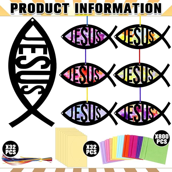 Motipuns 32 Sets Christian Fish Suncatchers Craft Kits DIY Easter Faith Fish Tissue Paper Crafts Religious Stained Glass Effect Tissue Paper Kit for Church Sunday School VBS Window Art