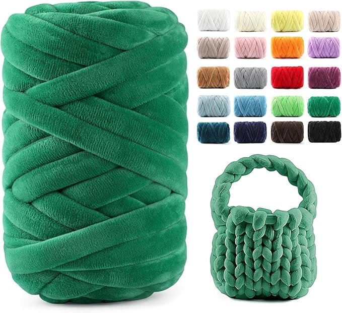 Chunky Yarn for Hand Knitting & Arm Knitting - 0.66lb Super Bulky Velvet Chenille Tube Yarn for DIY Pillows, Pet Beds, Baskets & Home Decor | No Tools Needed, Machine Washable, Olive Green, 1 Pack