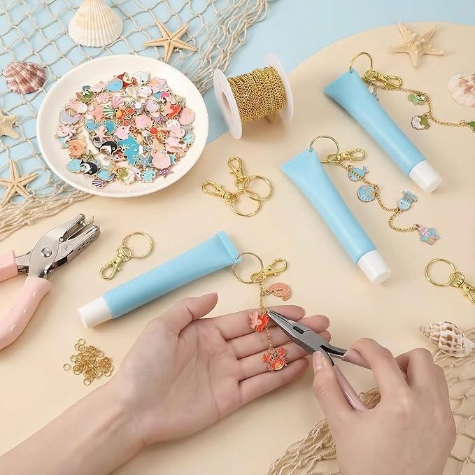 VioraWhite 213 Pcs Lip Gloss Keychain Making Kit 100 Pink Enamel Charms 32.81 ft Gold Chains for DIY Crafts Women (Ocean Theme)