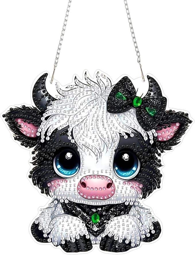 RYMILIE Diamond Art Hanging Kits for Adults,Cow Special Shaped Diamond Painting,Double Sided 5D DIY Acrylic Diamond Art Painting Window Pendants Home Garden Wall Hanging Kits Cow Ornament.