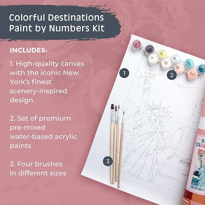Pink Picasso Kits Colorful Destinations Paint by Number for Adults and Teens | DIY Unique Canvas Painting Kits Color by Numbers Arts & Crafts Kit | New York State of Mind 8x10 - Paint Kit Set