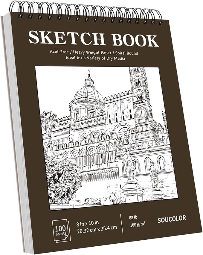 soucolor 8" x 10" sketch book, 100 sheets 8 x 10 sketchbook, 68 lb/100gsm 8" x 10" drawing paper, spiral bound sketch pad, art paper for drawing painting, art supplies gifts