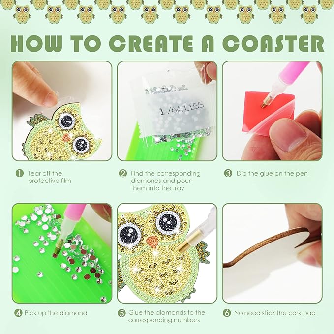 YLOLUL 10 Pcs Owl Shaped Diamond Painting Coasters Kits DIY Owl Diamond Painting Coasters with Holder Owl Diamond Painting Coasters for Beginners Adults and Kids Art Craft Supplies Gift (Owl)
