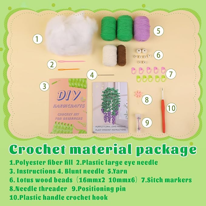 Kogyxe Beginners Crochet Kit, Amigurumi Crochet Starter Kits w Step-by-Step Video Tutorials, Hanging Potted Plants Knitting Starter Pack for Beginners Decoration, Wisteria Flower (40%+ Yarn)