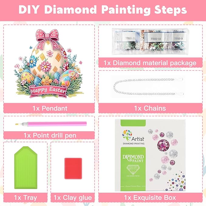 NAIMOER Easter Egg Diamond Art Hanging Kits for Adults, 5D Special Shaped Rhinestone, DIY Acrylic Spring Diamond Art Painting Window Pendants Home Garden Wall Hanging Ornament Kits, Double Sided