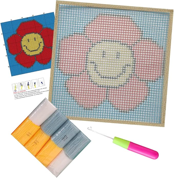 Numptain Latch Hook Kits for Adults,DIY Rug Crafts Flower Pattern Color Printed Canvas,Latch Hook Kits for Beginners Handmade Needlework Crafts Home Decoration,12"x12"