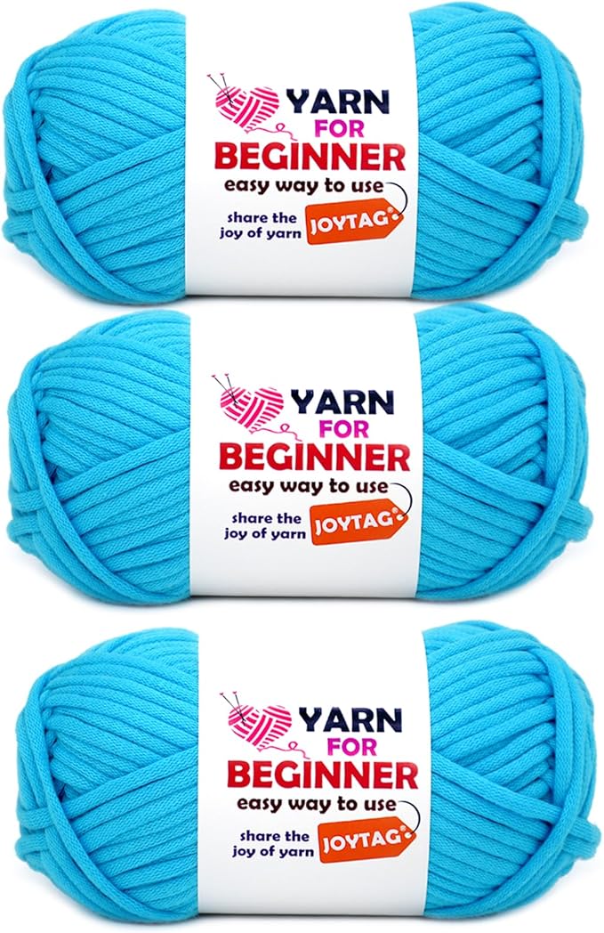 Teal Blue Cotton Crochet & Knitting Yarn for Beginners - Easy-to-See Stitches, Cotton-Nylon Blend, 3x50g Kit