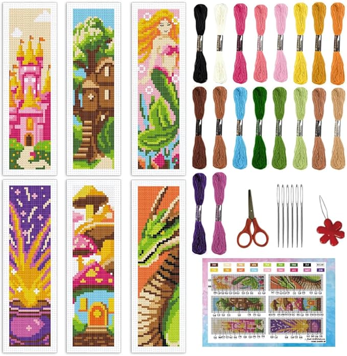 INFUNLY 6 Set Fairytale Elements Cross Stitch Bookmark Kits 8"x2.4" DIY Mermaids Embroidery Bookmark Kits for Beginners with Instruction Cartoon Castle Bookmark Making Kit for Book Lovers Reader Gift