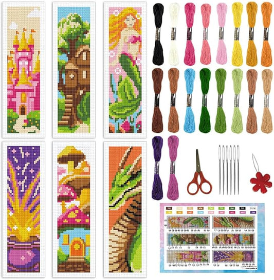 INFUNLY 6 Set Fairytale Elements Cross Stitch Bookmark Kits 8"x2.4" DIY Mermaids Embroidery Bookmark Kits for Beginners with Instruction Cartoon Castle Bookmark Making Kit for Book Lovers Reader Gift