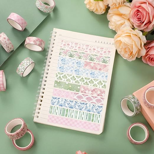 12 Rolls Watercolor Floral Washi Tape Set 15 mm Vintage Flower Decorative Masking Tape for Spring Arts DIY Craft Scrapbook Journal Supplies Gift Wrapping(Pink,Blue and Green,Garden)