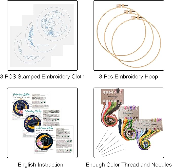 Louise Maelys 3 Sets Cat Moon Embroidery Kits for Beginners with Floral Pattern, Cross Stitch Kit for Adults, DIY Needlepoint for Starter