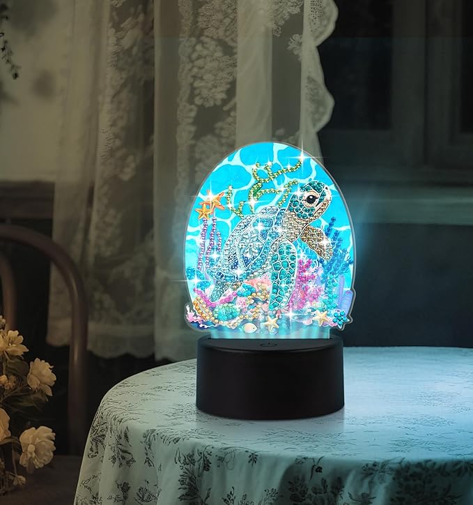 ALKALO Diamond Painting Night Light, Diamond Painting Kits for Adults Desktop Ornaments for Table Tabletop Decor Diamond Art Accessories for Adult Beginner Touch Lamp for Bedrooms Living Room- Turtle