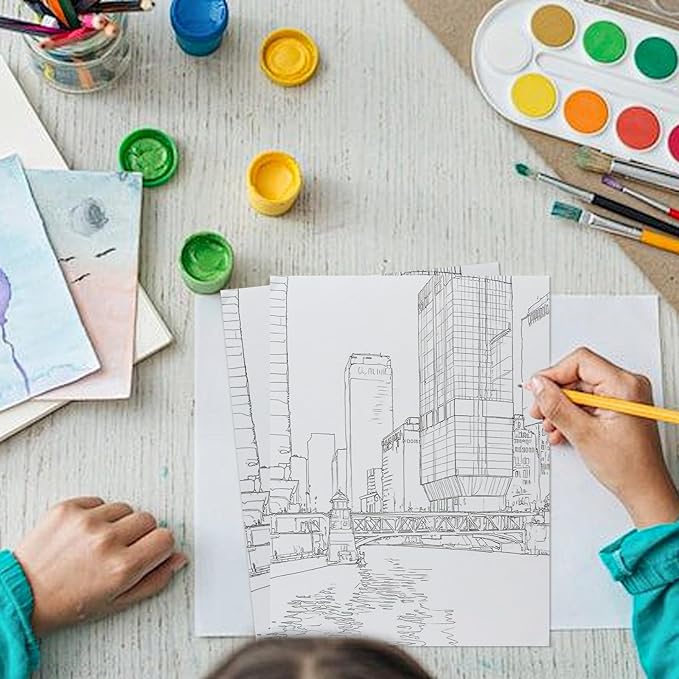 RGBMIX Urban Watercolor Paper Pad Cotton 140lb/300gsm 12 Sheets 9x12'' Water Coloring Book Line Art of Cityscapes, Lighthouse, Castle, Church, Bridge, Factory for Watercolor, Acrylic, Pencil