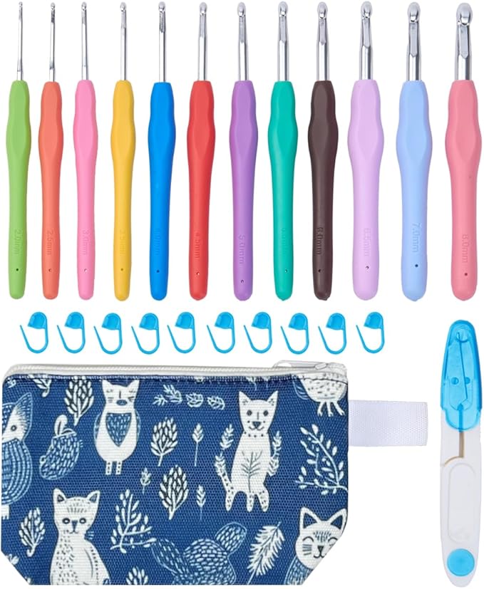 LeCorner Crochet Hooks, 12 Sizes Ergonomic Crochet Hook Set, 2mm-8mm Soft Grip Crocheting Needles Kit for Beginners Arthritic Hands with Knitting Accessories Stroage Bag