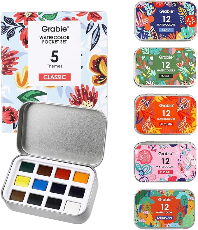 Grabie Pocket Watercolor Set of 12, Travel Watercolor Paint Set, Watercolor Paints, Art Supplies for Painting, Great Watercolor Set for Artists, Amateur Hobbyists and Painting (60 Color 5 Theme)