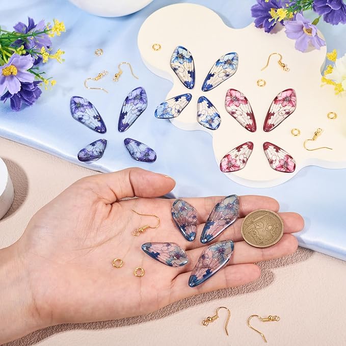 FASHEWELRY 16Pcs Resin Fairy Wing Earring Charms Pink Purple Blue Butterfly Wing Pendants Flower Print Feather Charms with Jump Rings Earrings Hooks for DIY Earring Jewelry Making