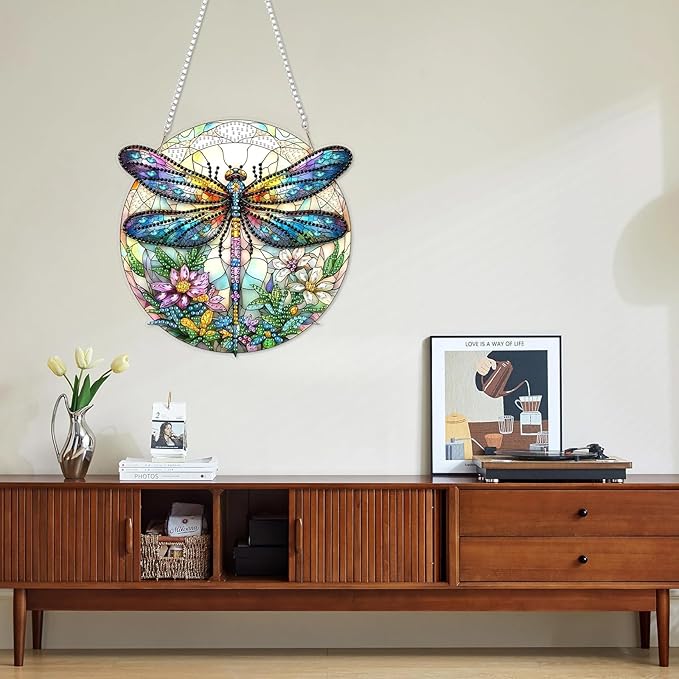 DOMROM Flowers Dragonfly Diamond Art Hanging Kit for Adult, Special Shaped Rhinestone, 5D Diamond Art Painting Window Pendants, Home Wall Art Hanging Kits, Double Sided Hanging Ornament 5.1x7.6in