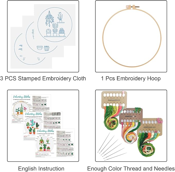 Louise Maelys 3 Sets Cactus Embroidery Kits for Beginners,Cross Stitch Kit for Adults,Crewel Starters Needlepoint with Plants Pattern, Hoop and Instruction
