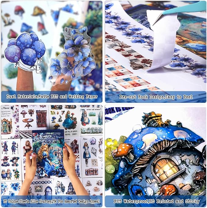 Dwpetzo Vintage Alice's Journey Pre-Cut Journal Sticker Book for Junk Journaling, Dual PET and Writing Paper Materials, Collage Stickers for Scrapbooking Supplies, Planner, Bujo, A5, 20 Sheets