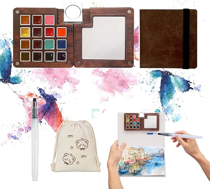 Mini Paint Palette Travel Kit - Mini Travel Watercolor Palette Set, Pocket Artist Water Color Travel Set with Colours, Watercolor Book, Binder Clips, Pens,Wooden Paint Box for Painters Artists Student