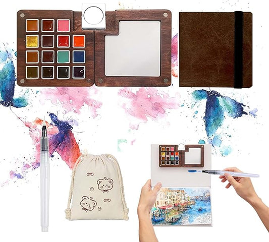 Mini Paint Palette Travel Kit - Mini Travel Watercolor Palette Set, Pocket Artist Water Color Travel Set with Colours, Watercolor Book, Binder Clips, Pens,Wooden Paint Box for Painters Artists Student