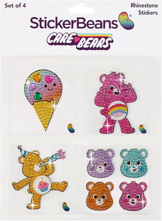 stickerbeans® rhinestone stickers - care bear ii collection 4-pack, 2” x 2” each, unique sparkly cut-to-shape for collecting, trading, decorating laptops, scrapbooks for kids, teens, &n adults