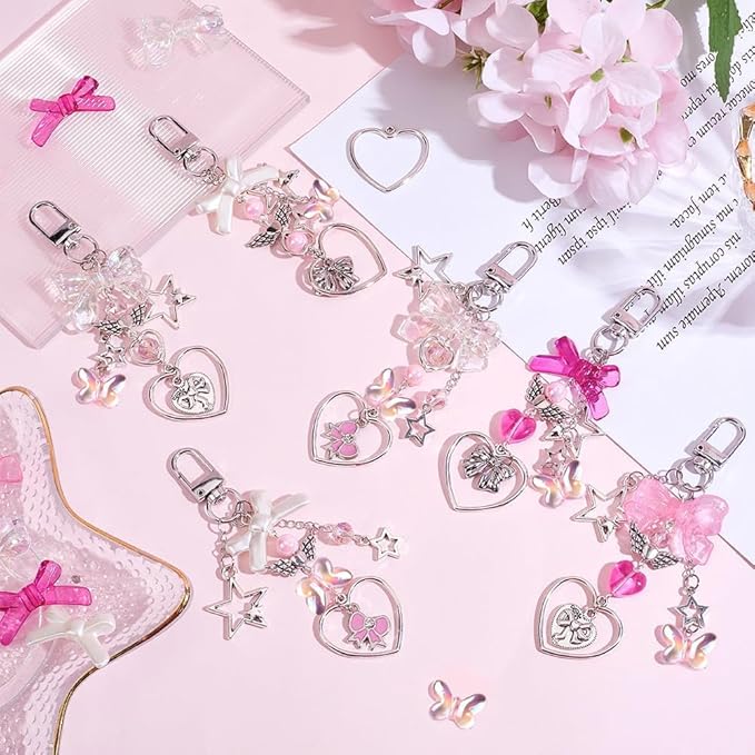 SUNNYCLUE 1 Box 171Pcs Small Bow Bag Charms Keychains Making Kit Love Romantic Bowknot Beads Pink Bow Beads Acrylic Glass Spacers Charm for Handbag Purse Bag Craft DIY Accessories Decorations Women