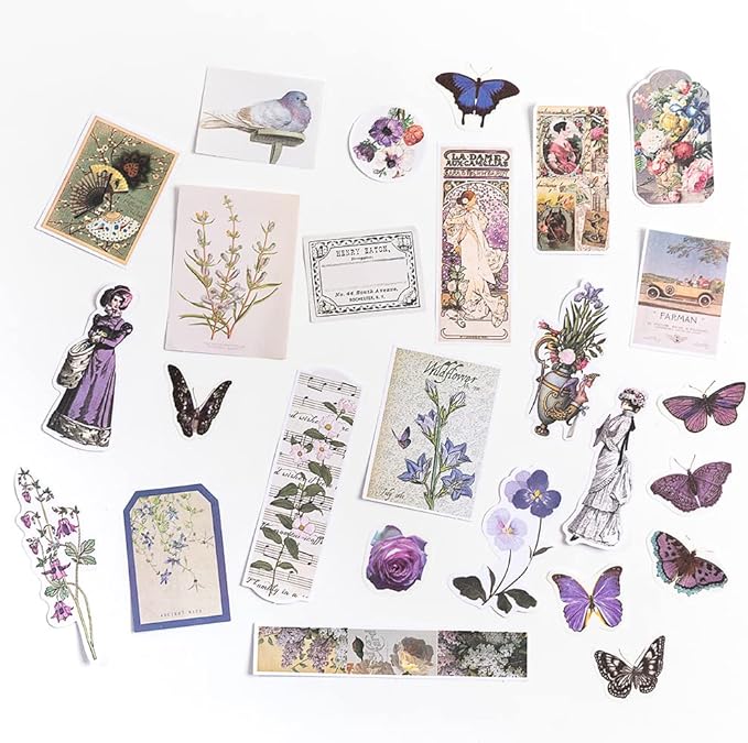 Alideco 200pcs Vintage Scrapbook Stickers Kawaii Purple Floral Scrapbooking Paper Washi Junk Journaling Supplies Collage Album Aesthetic Cottagecore Picture Frames(Butterfly)