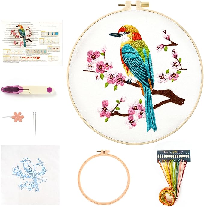 MAMUNU Embroidery Kit for Beginners Adults, Cross Stitch Kits, Stamped Cross Stitch Kits, Hummingbird and Flower Embroidery Kit with Printed Embroidery Cloth, Embroidery Hoop, Color Threads and Tools