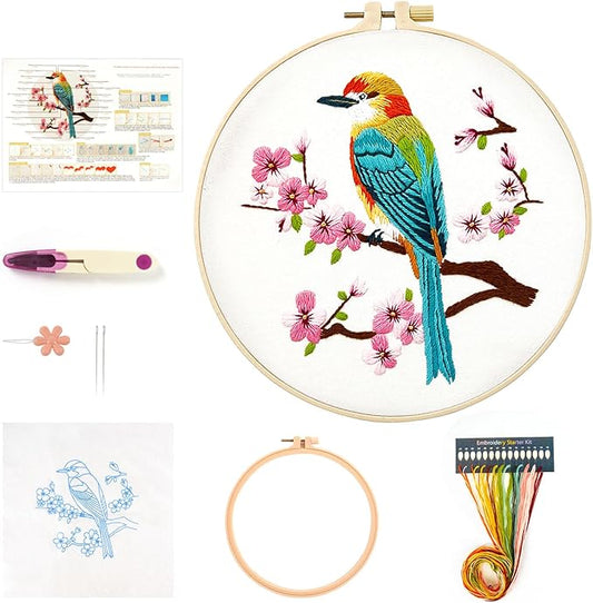 MAMUNU Embroidery Kit for Beginners Adults, Cross Stitch Kits, Stamped Cross Stitch Kits, Hummingbird and Flower Embroidery Kit with Printed Embroidery Cloth, Embroidery Hoop, Color Threads and Tools