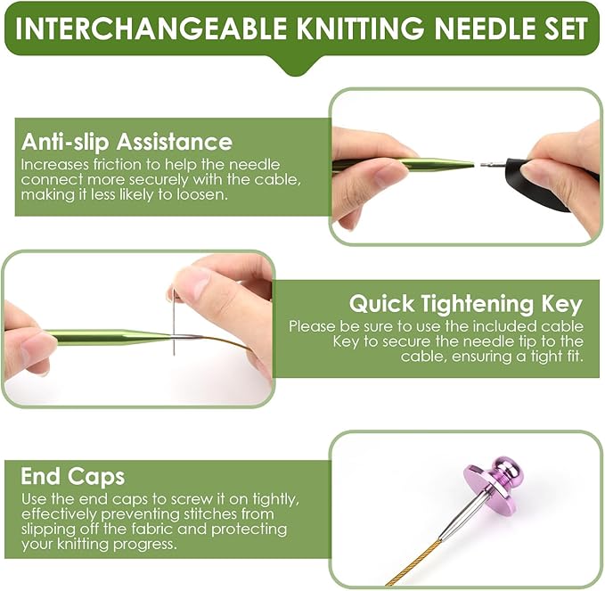 Interchangeable Circular Knitting Needles Set Premium Aluminum Knitting Kit 13 Pairs of 4 Inch with 4 Cables, Accessories and Storage Bag Green