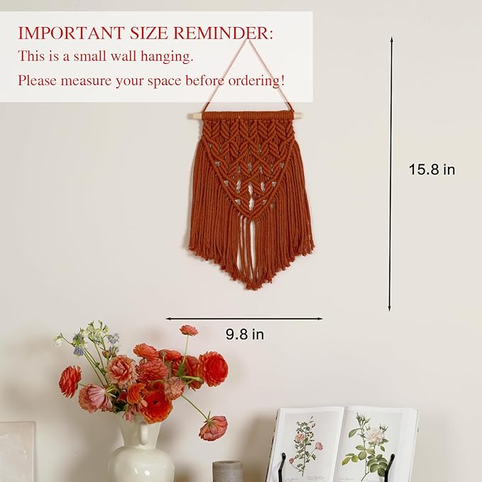 small macrame wall hanging decor boho tapestry for bedroom living room dorm nursery and office, cute aesthetic wall art for small spaces for teen girls and home decor (firebrick red, 16*10 inch)