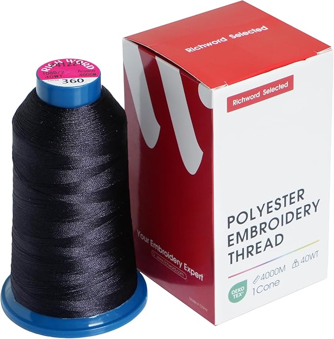 Poolin Embroidery Machine Thread Richword Selected Black 4000M 40WT Polyester Embroidery Thread – Smooth, Strong Single Spool for Home & Commercial Machines 0360