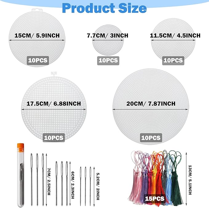 Allazone 58 PCS Mesh Plastic Canvas Sheets 5 Size Round Clear Plastic Canvas for DIY Crafts Embroidery Cross Stitch, Acrylic Yarn Crafting, Knit and Crochet Projects