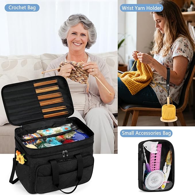 IBFUN 3PCS Crochet Bag with Wrist Yarn Holder, Large Yarn Storage Tote Waterproof Knitting Bag Organizer with Adjustable Strap for Hooks, Needles (Up to 14"), Accessories, Crochet Lovers, Tangle-Free