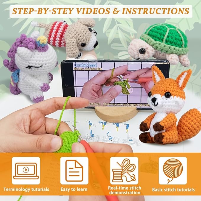 Crochet Kit for Beginners – 6 PCS Crochet Animal Kit, Knitting Beginners Kit with Step by Step Videos, Yarn, Crochet Hook, Great Birthday Holiday Gift (Knitting Kit 1)