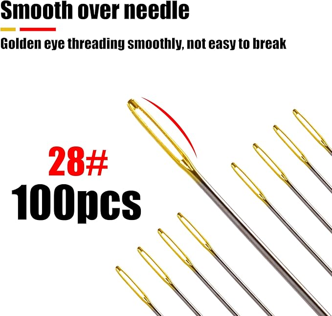 100pcs Cross Stitch Needles +2 Needle Threader Golden Color Large Eyes Cross Stitch DIY Embroidery Hand Needles Sewing Needles in Transparent Box (28#)