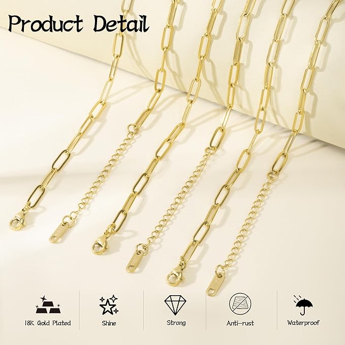 Wurosi 30PCS Paperclip Charm Bracelets Chain for Jewelry Making,6.3Inch 18K Gold Plated Bracelet Chain DIY Charm Bracelet Kit with Lobster Clasps(Gold)