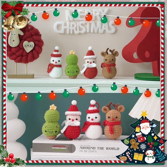 4-in-1 Christmas Crochet Kit | Make Snowman, Santa, Reindeer & Tree | DIY Holiday Ornaments & Festive Decor | Beginner Friendly Gift Set with Video Tutorial