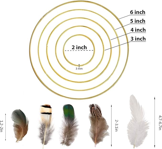 Gywantt DIY Dream Catcher Kit - 5 Gold Metal Hoops, 50 Feathers, 10 Pcs Faux Suede Cord, 60 Wood Beads