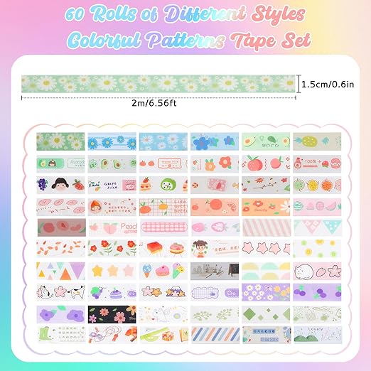 60 Rolls Holiday Washi Tape Set Decorative Tape Seasonal Bohemian Colored Tapes Colorful Cute Washi Tapes for Scrapbooking Supplies Kit Journaling Supplies Spring Summer Wrapping Craft