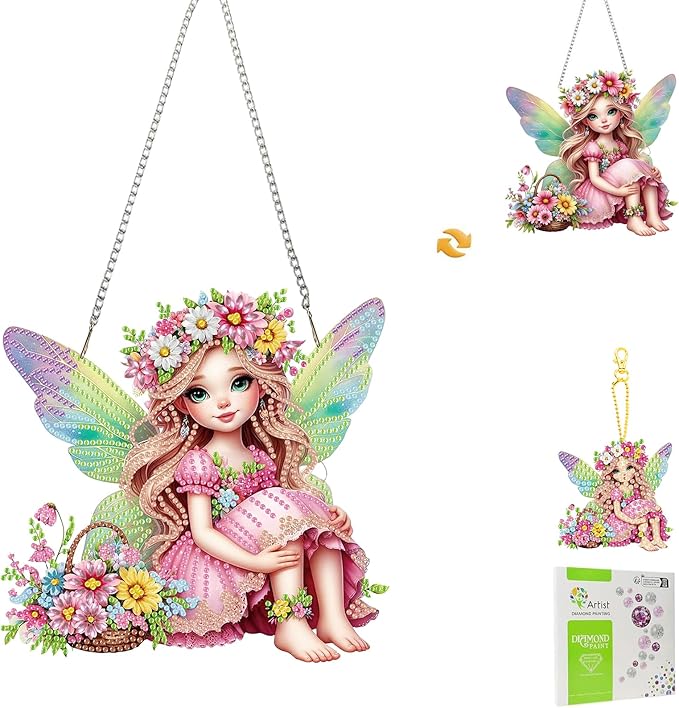 Masendp Fairy Diamond Painting Double-Sided Hanging Ornament Set, DIY Irregular Shaped Rhinestone Window Decoration Set, Suitable for Home and Garden Wall Decoration Gifts