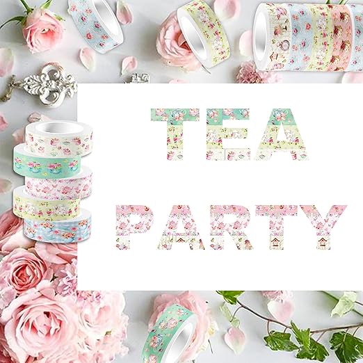 12 Rolls Tea Party Washi Tape, Afternoon Tea Decorative Tape for Scrapbooking Bullet Journals Planners, Party Decorations, DIY Crafts Gift Wrapping, 16.4FT