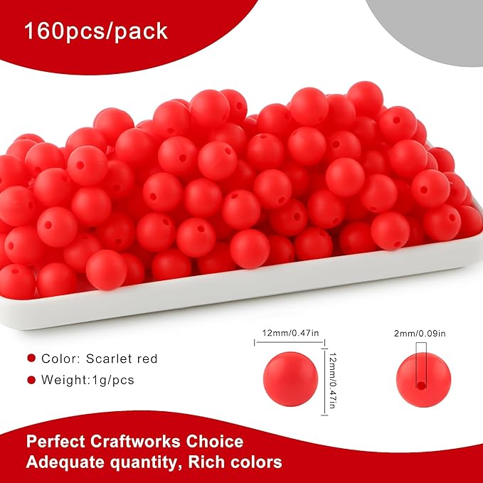 160Pcs 12mm Silicone Beads for Keychain Making Bracelet Necklace, Bulk Round Silicone Beads for Pens（Scarlet Red）