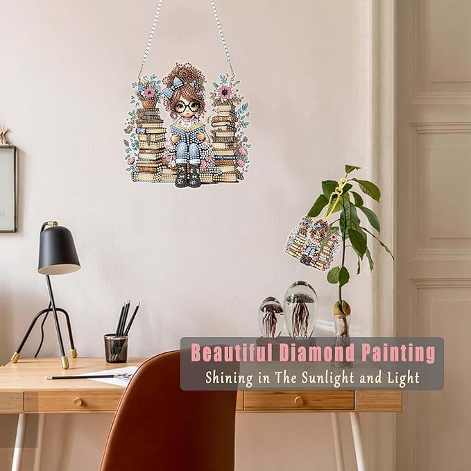Masendp Girls' Book Diamond Painting Hanging Decoration Kit, DIY Special-Shaped Rhinestone Window Hanging Kit, Suitable for Home and Garden Wall Decoration Gifts