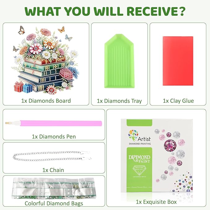 MEIYUDA Book Flowers Diamond Art Hanging Kits for Adult, Flowers Books Diamond Painting Hanging Kits Ornaments, DIY Special Shaped Rhinestone Window Pendants Kit for Home Garden Wall Decor Gift